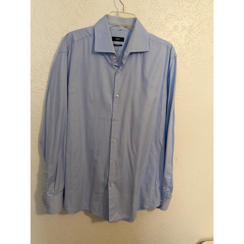 Hugo Boss Regular Fit Light Blue Cotton Dress Shirt Mens 17.5 44 Long Sleeve